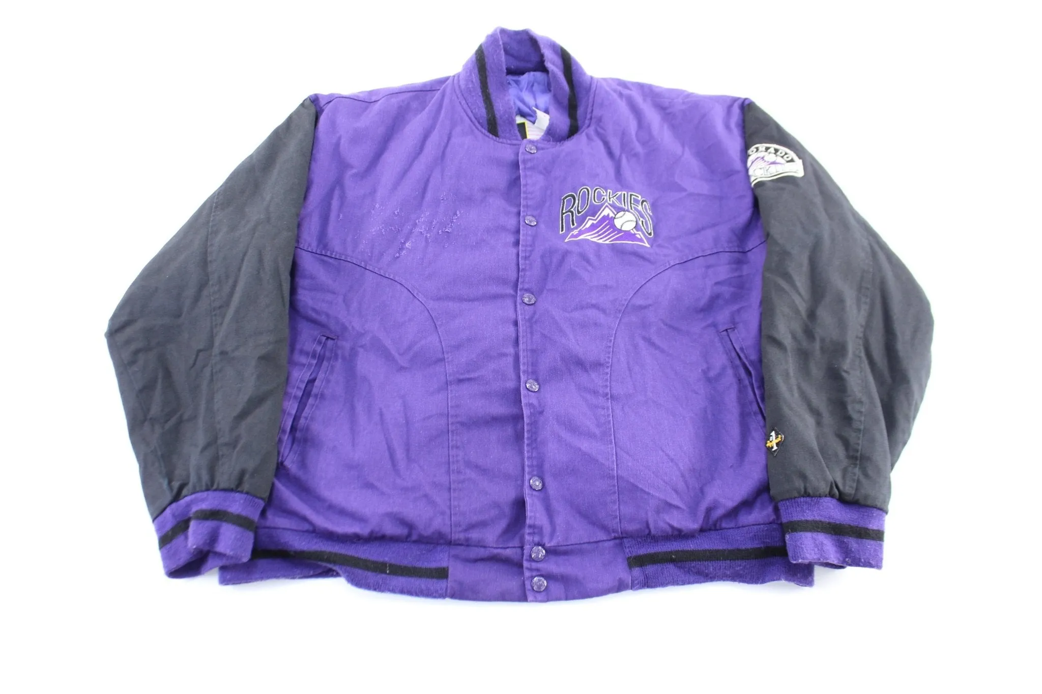 90's Colorado Rockies Embroidered Black & Purple Varsity Jacket