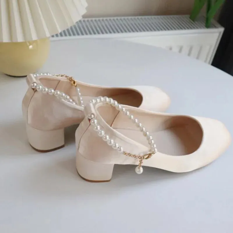 Advbridge  -  Mary Jane Square Heel Ankle Strap Party Wedding Work Comfort Breathable Square Toe Shoes For Women Satin Pearls Pumps Apricot