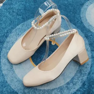 Advbridge  -  Mary Jane Square Heel Ankle Strap Party Wedding Work Comfort Breathable Square Toe Shoes For Women Satin Pearls Pumps Apricot