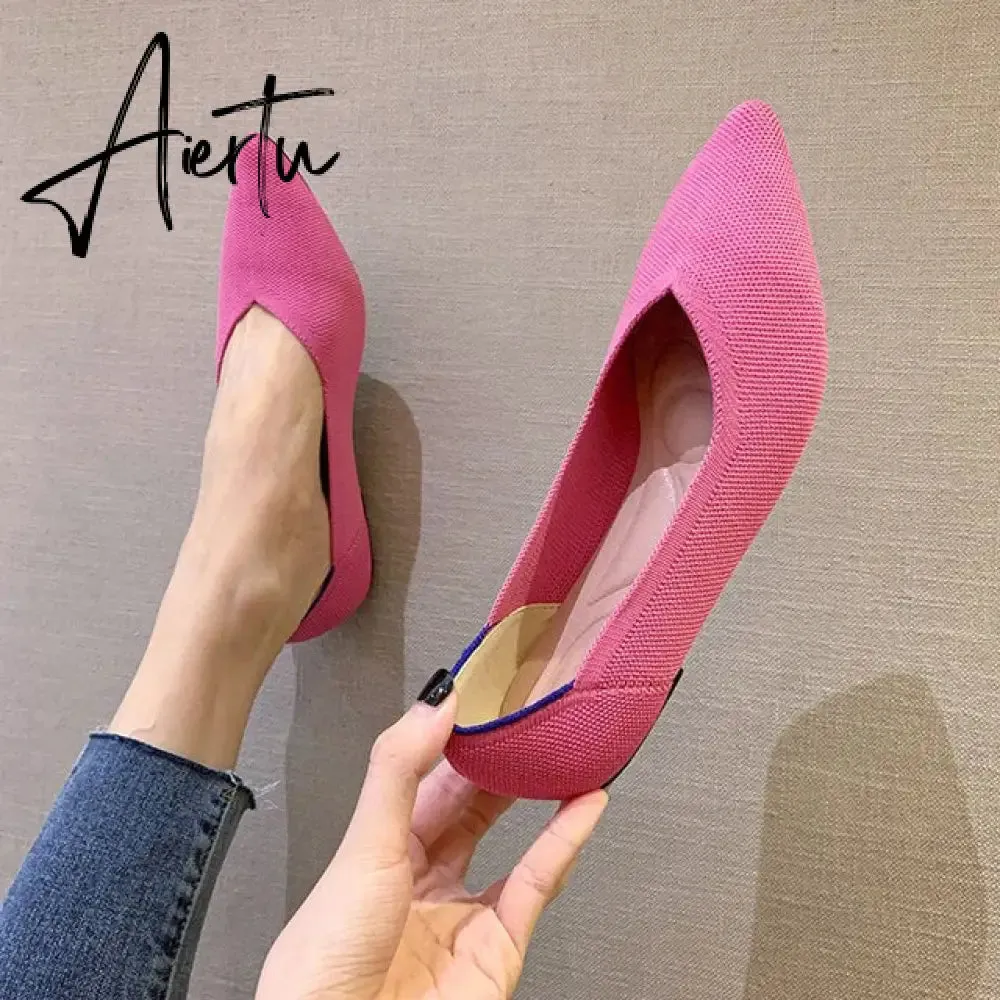 Aiertu Women's Shoes Pumps Knitting Breathable Ladies Pointed Toe Female Comfort Shoes Slip on Shallow Ladies Loafers Office Low Heels