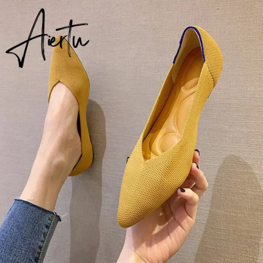 Aiertu Women's Shoes Pumps Knitting Breathable Ladies Pointed Toe Female Comfort Shoes Slip on Shallow Ladies Loafers Office Low Heels