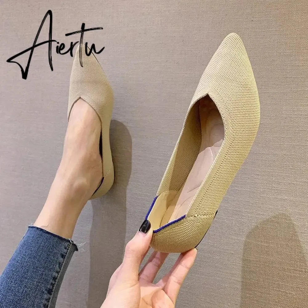 Aiertu Women's Shoes Pumps Knitting Breathable Ladies Pointed Toe Female Comfort Shoes Slip on Shallow Ladies Loafers Office Low Heels