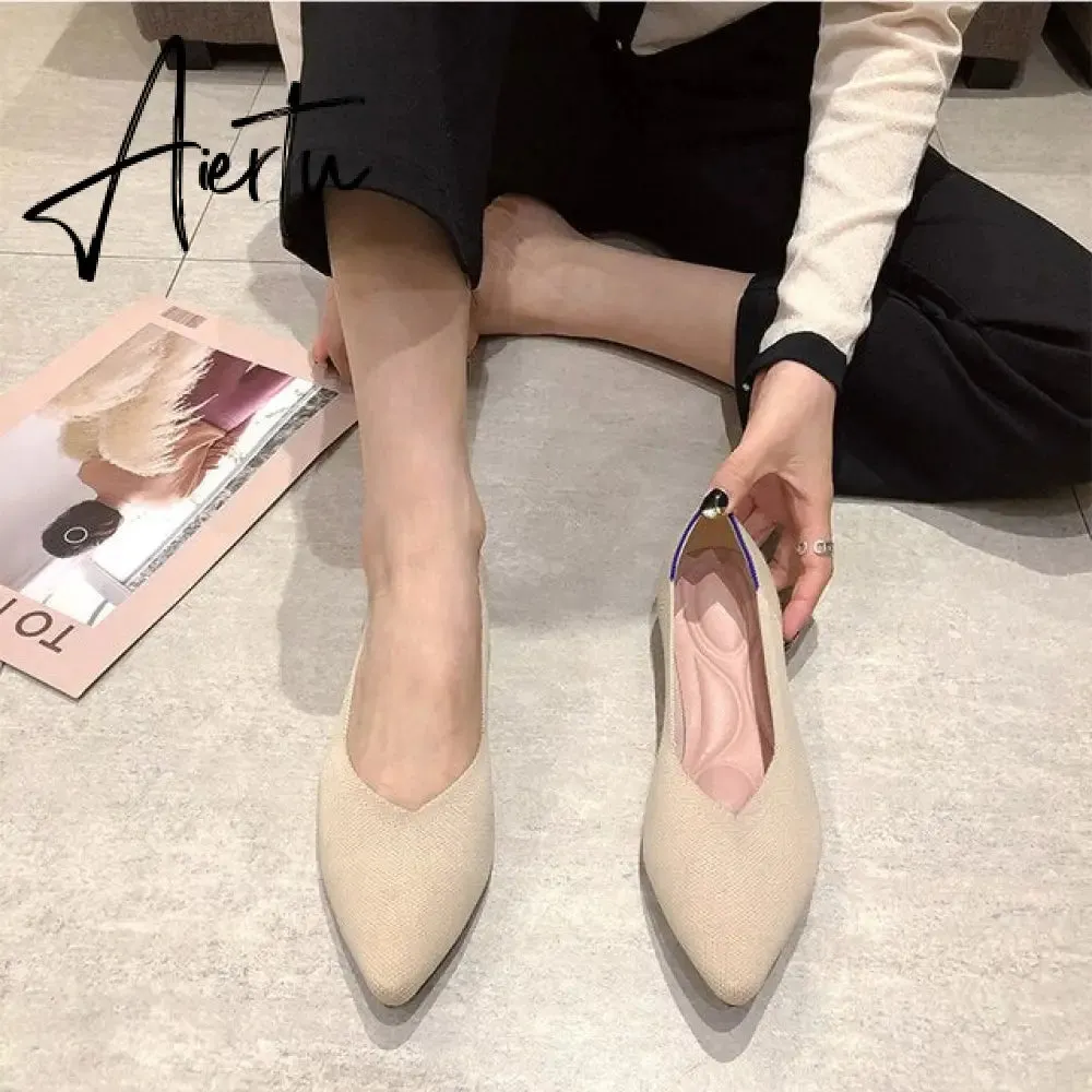 Aiertu Women's Shoes Pumps Knitting Breathable Ladies Pointed Toe Female Comfort Shoes Slip on Shallow Ladies Loafers Office Low Heels