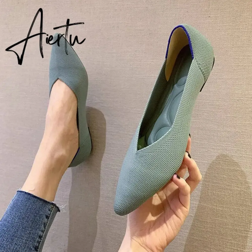 Aiertu Women's Shoes Pumps Knitting Breathable Ladies Pointed Toe Female Comfort Shoes Slip on Shallow Ladies Loafers Office Low Heels