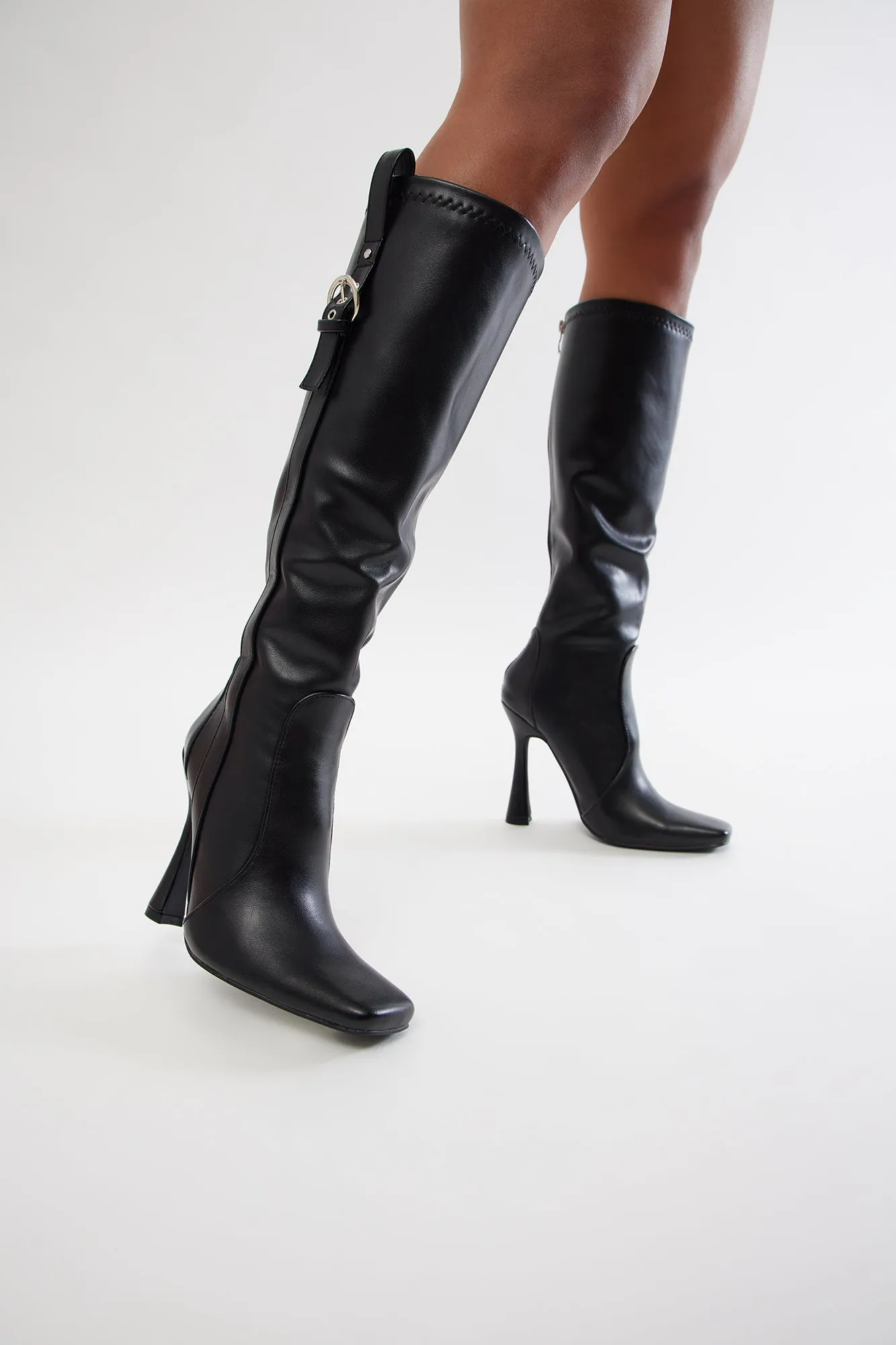 Anika Buckle Knee High Boots - Black