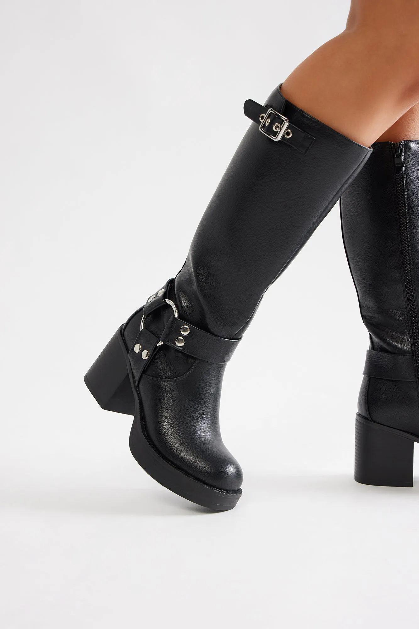 Arden Buckle Knee High Boots - Black