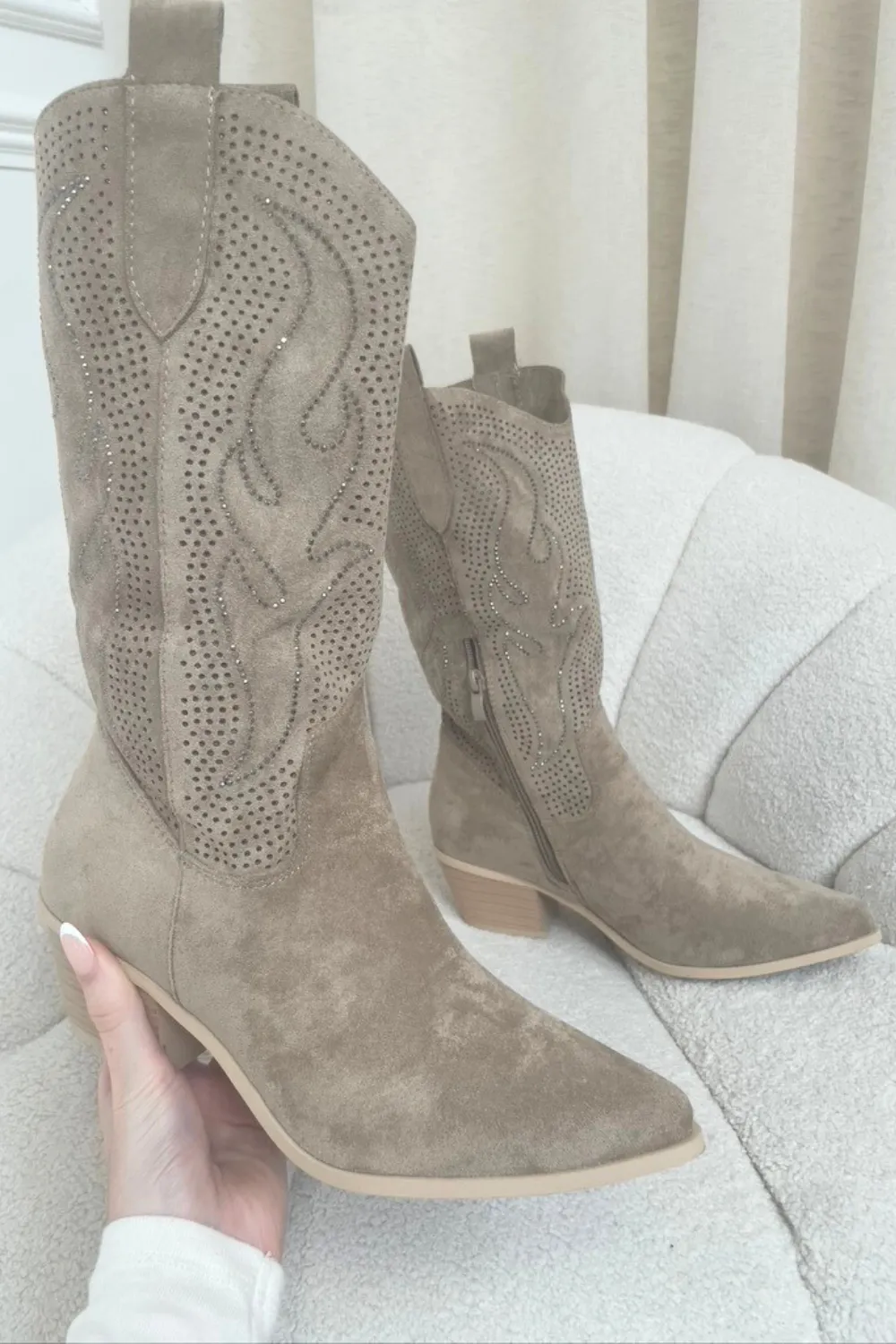 Arizona beige  diamante heeled cowboy boots