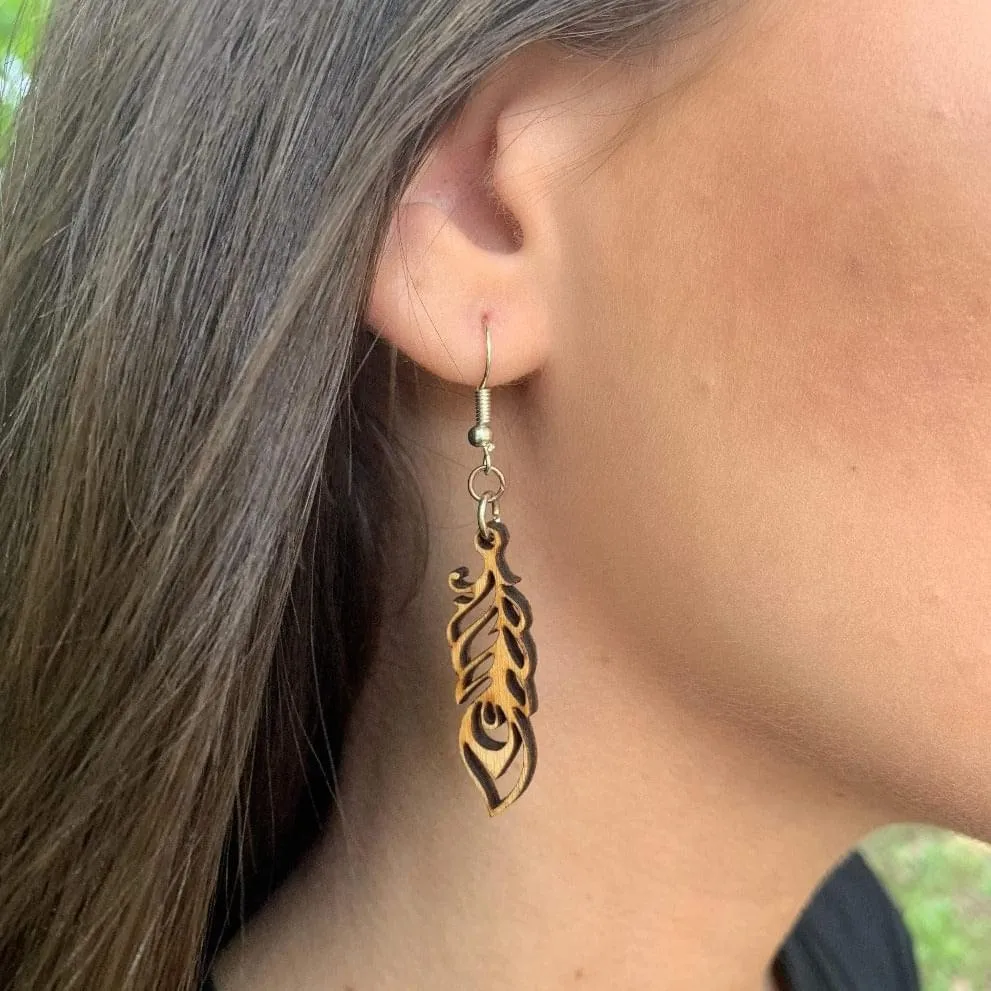 Art Nouveau Feather Wooden Dangle Earrings by Cate's Concepts, LLC