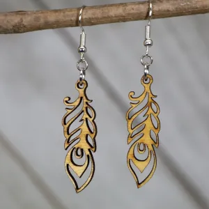 Art Nouveau Feather Wooden Dangle Earrings by Cate's Concepts, LLC