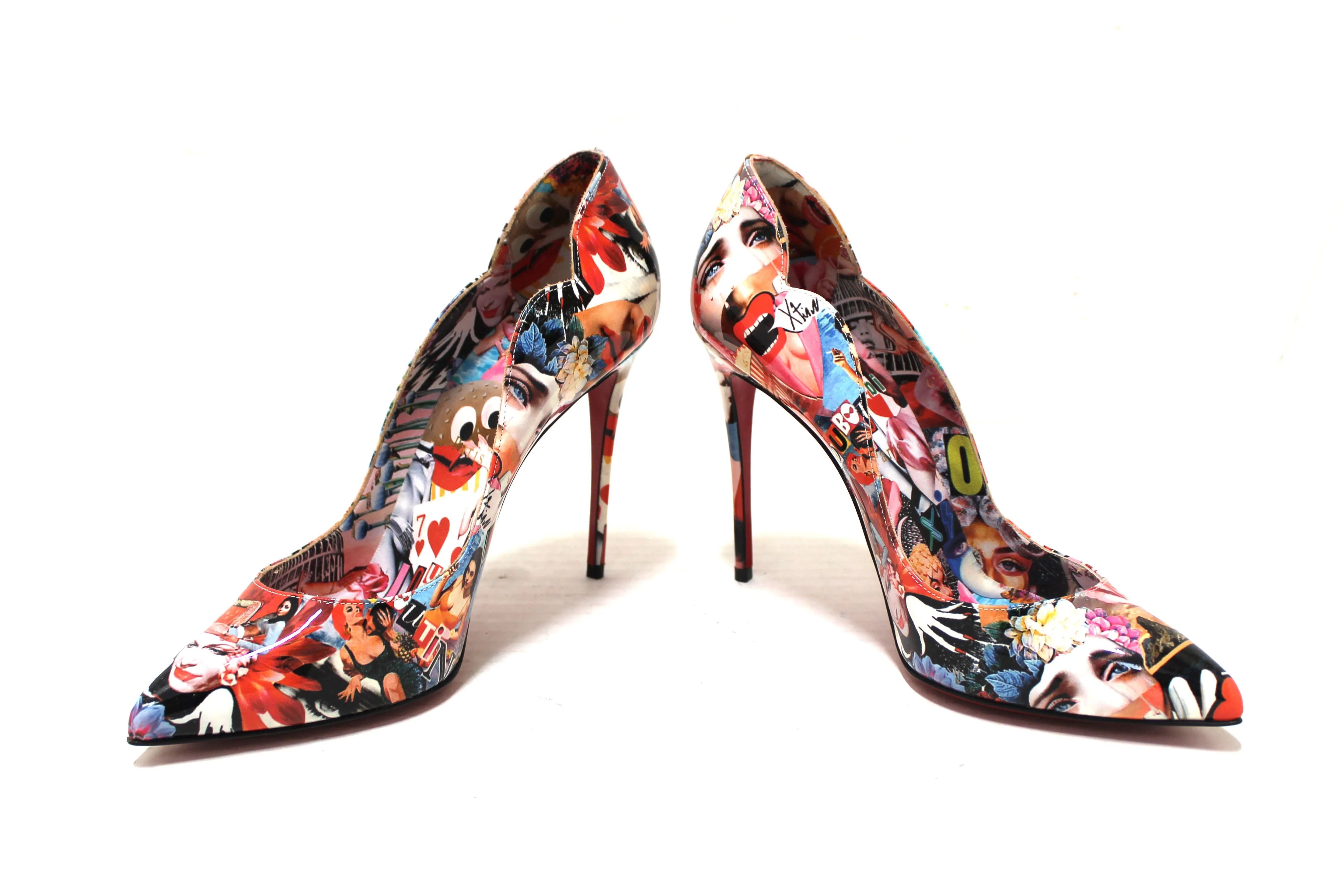 Authentic Christian Hot Chick Collage Print Patent Leather Pumps Size 38.5