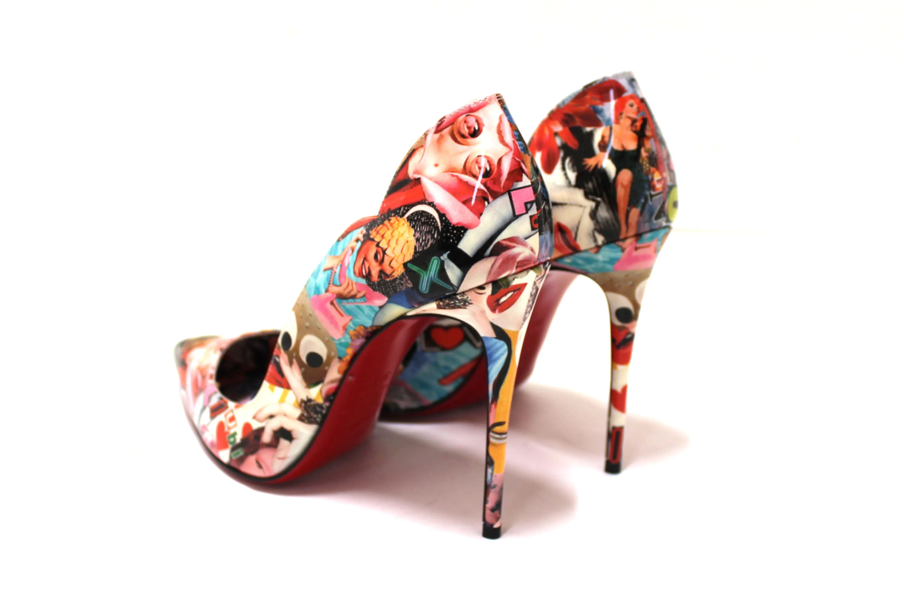 Authentic Christian Hot Chick Collage Print Patent Leather Pumps Size 38.5