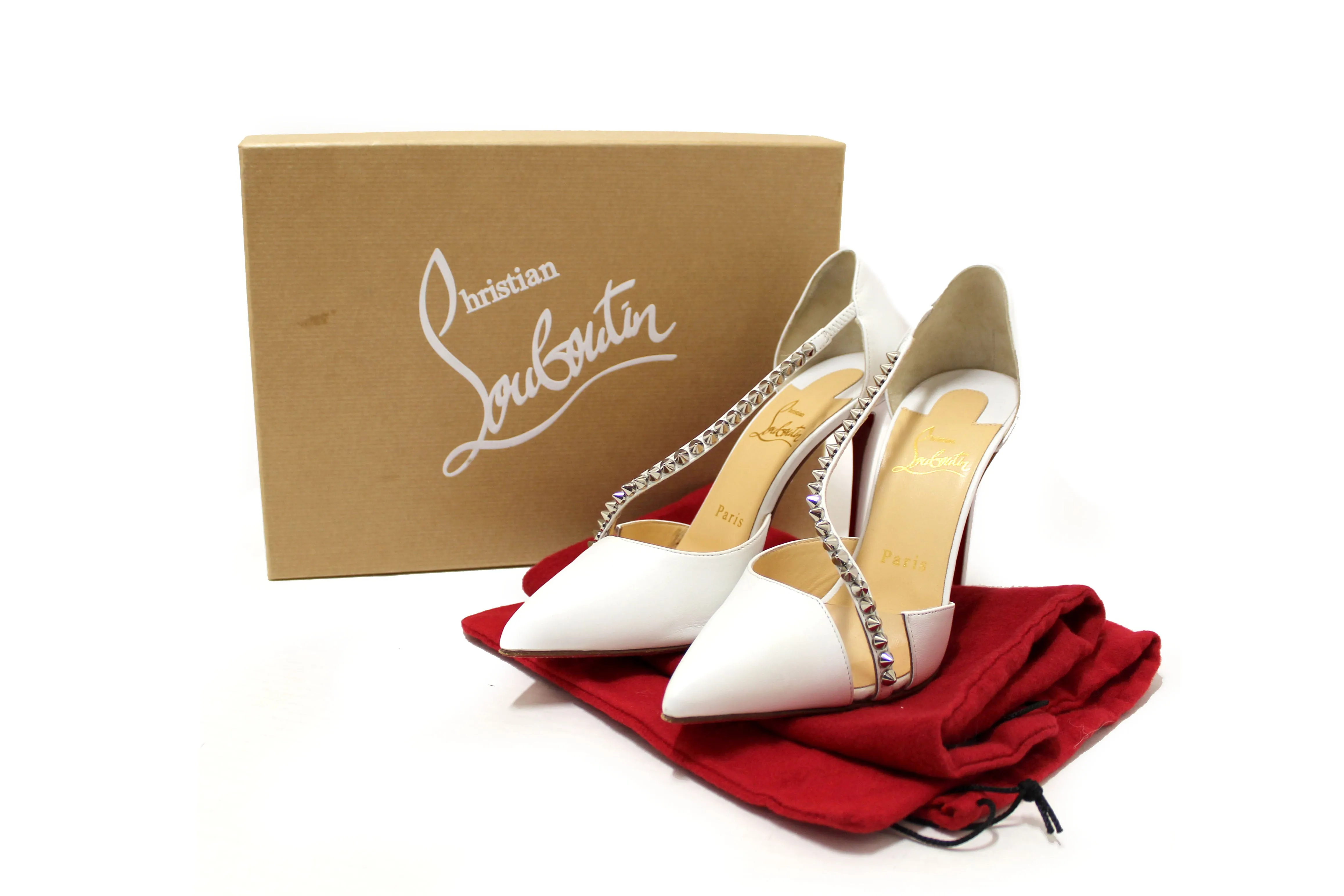 Authentic Christian Louboutin White Leather Spike Cross 100 Pump Size 37