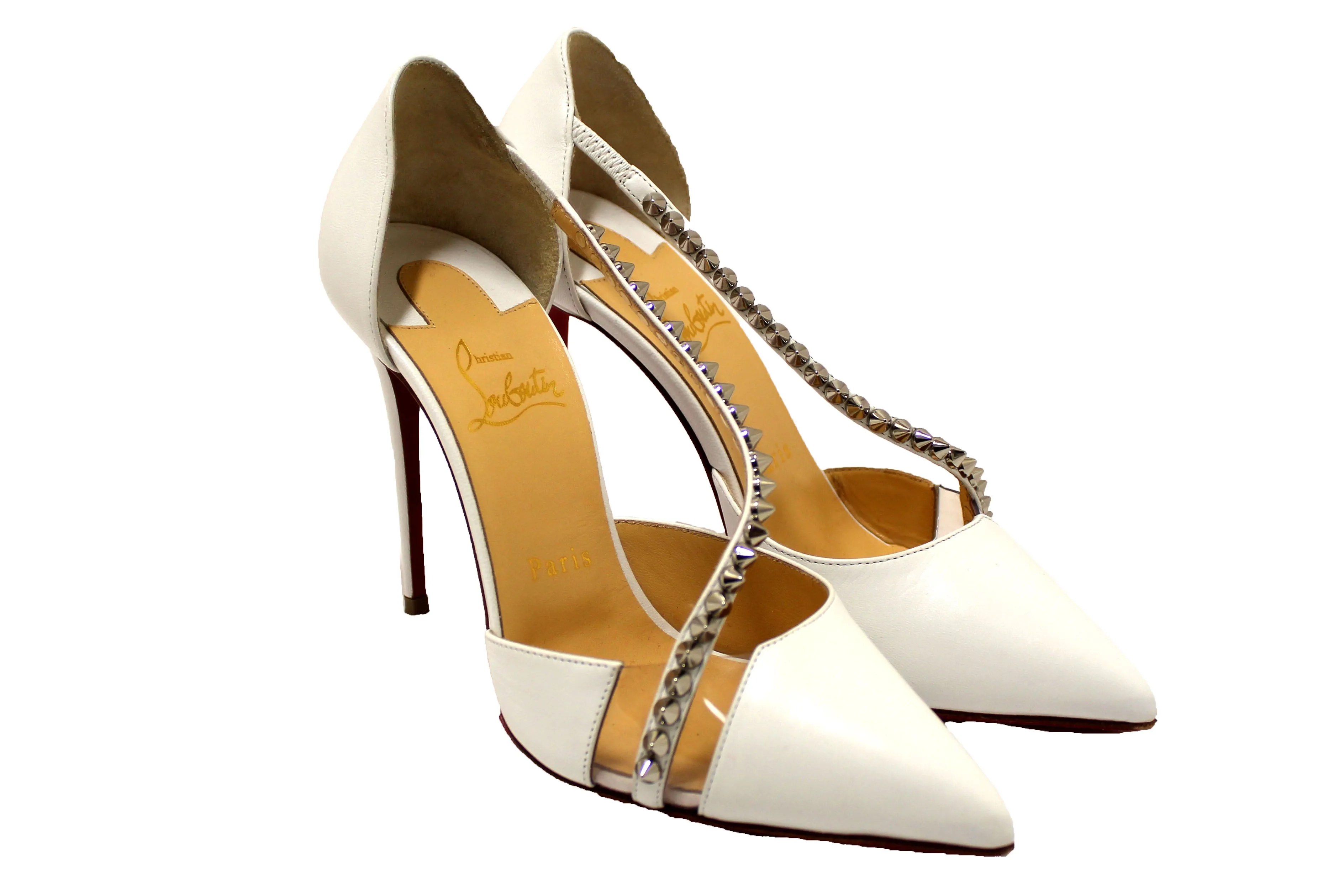 Authentic Christian Louboutin White Leather Spike Cross 100 Pump Size 37