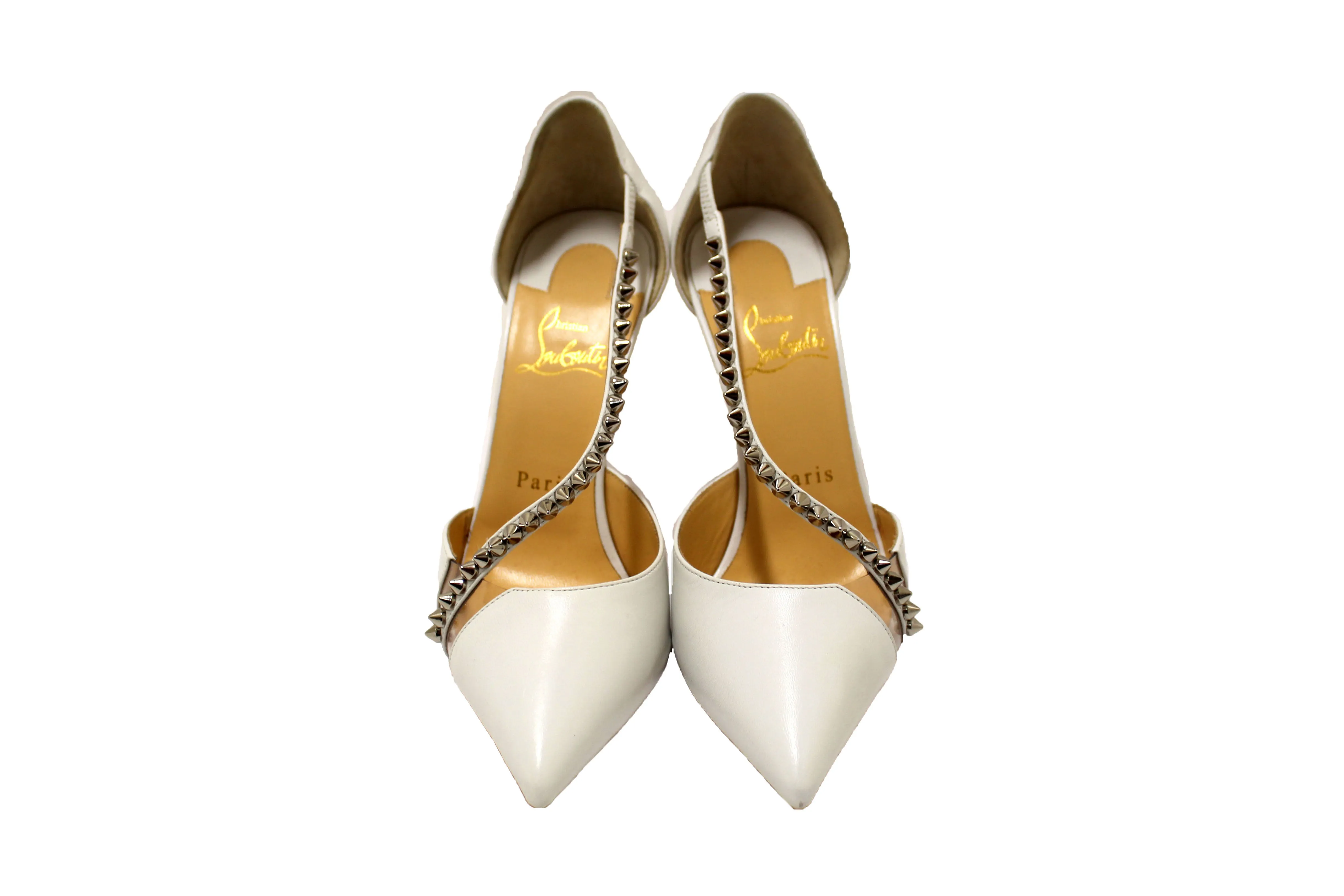 Authentic Christian Louboutin White Leather Spike Cross 100 Pump Size 37