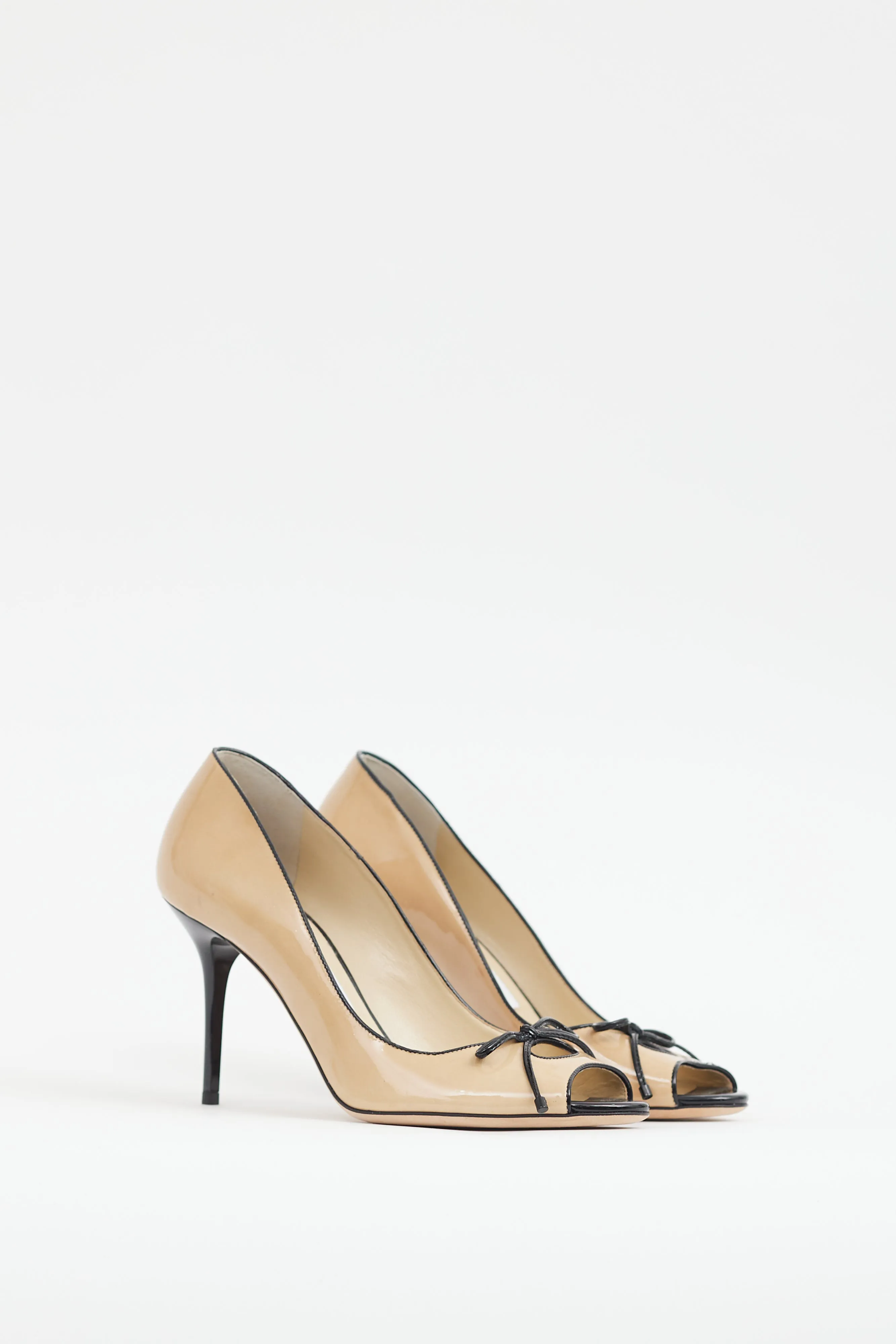 Beige & Black Patent Peep Toe Pump