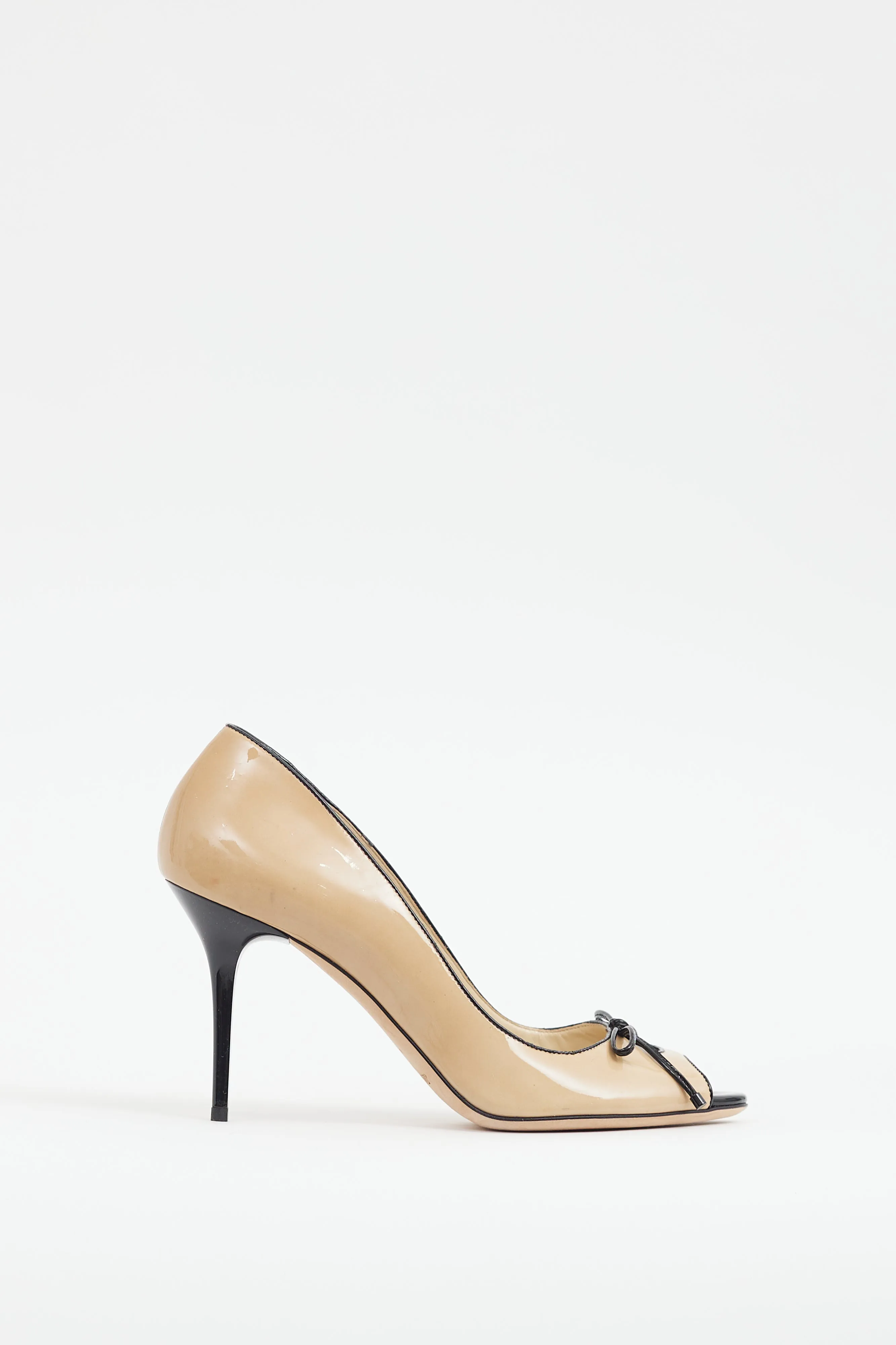 Beige & Black Patent Peep Toe Pump