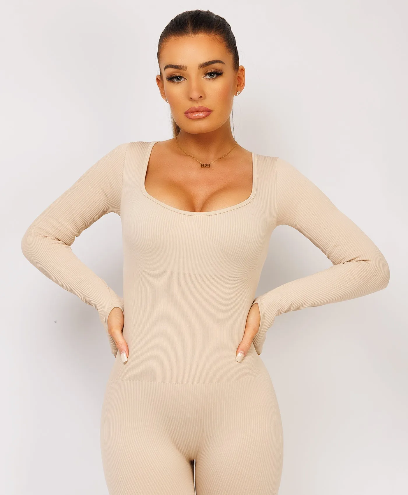 Beige Elastic Ribbed Long Sleeve Butt Lift Jumpsuit