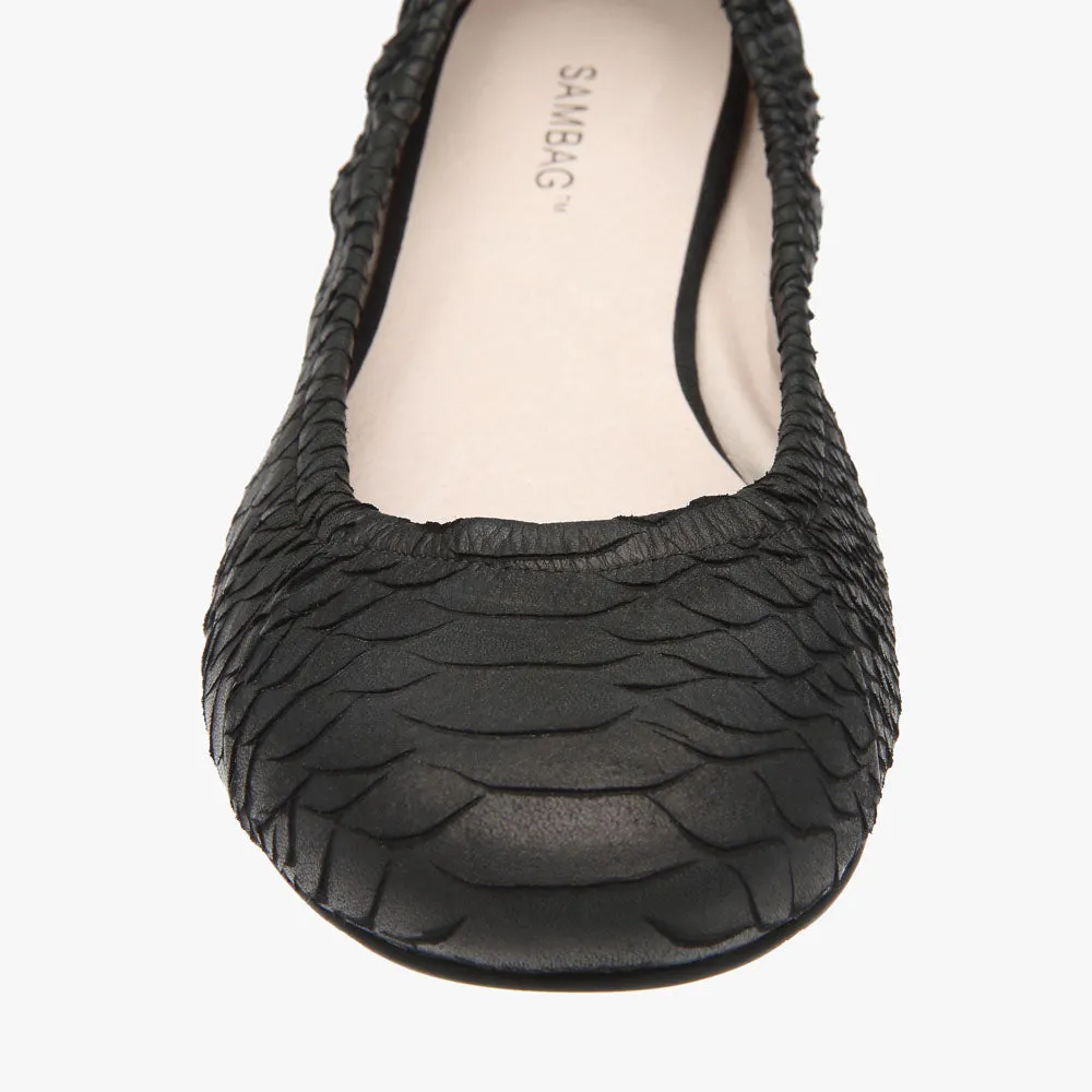 Belinda Black Embossed Snake Leather Ballet Flat