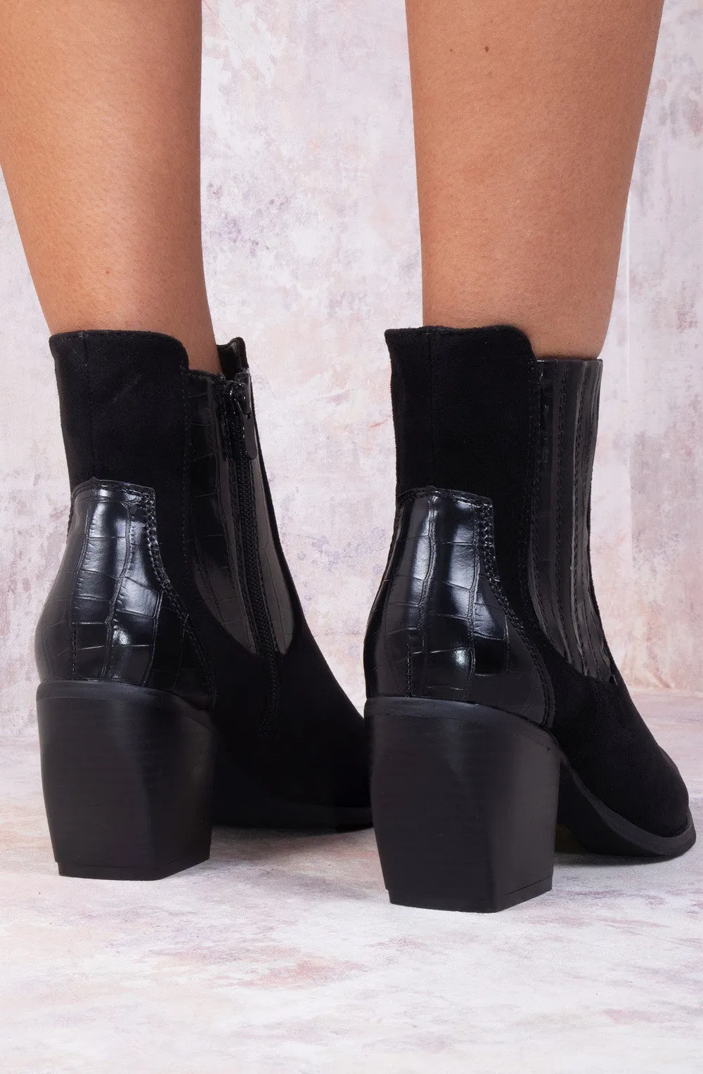 Black Faux Suede Patent Pu Heeled Ankle Boot