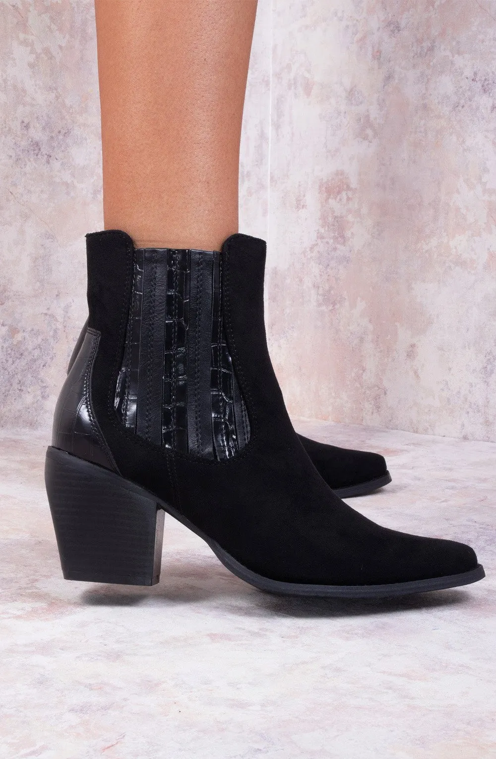 Black Faux Suede Patent Pu Heeled Ankle Boot