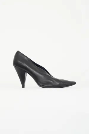 Black Leather V-Neck Pump