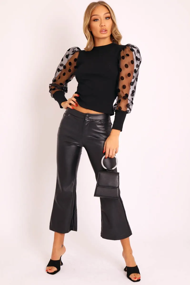 Black Polka Dot Puff Sleeve Ribbed Top - Irisa