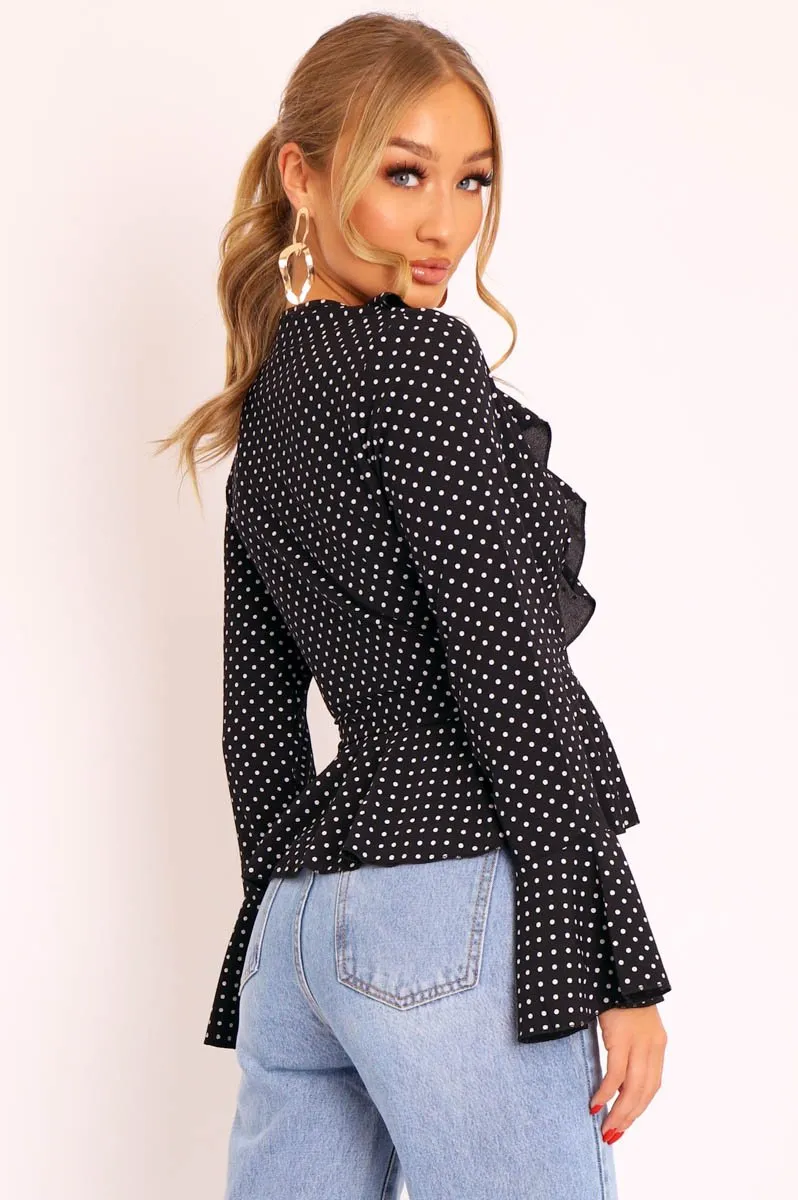 Black Polka Ruffle Wrap Blouse - Calynn