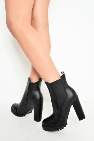 Black PU Heeled Zip Side Boots - Claira