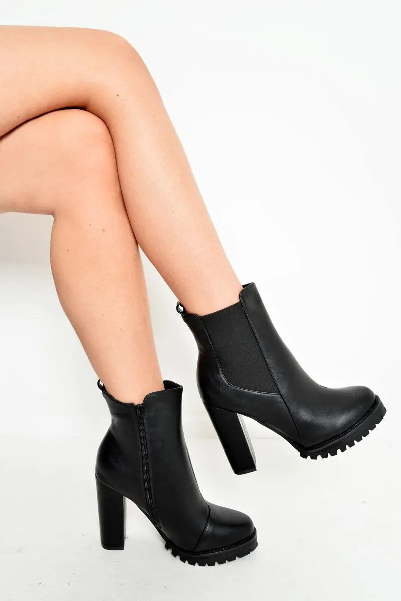 Black PU Heeled Zip Side Boots - Claira