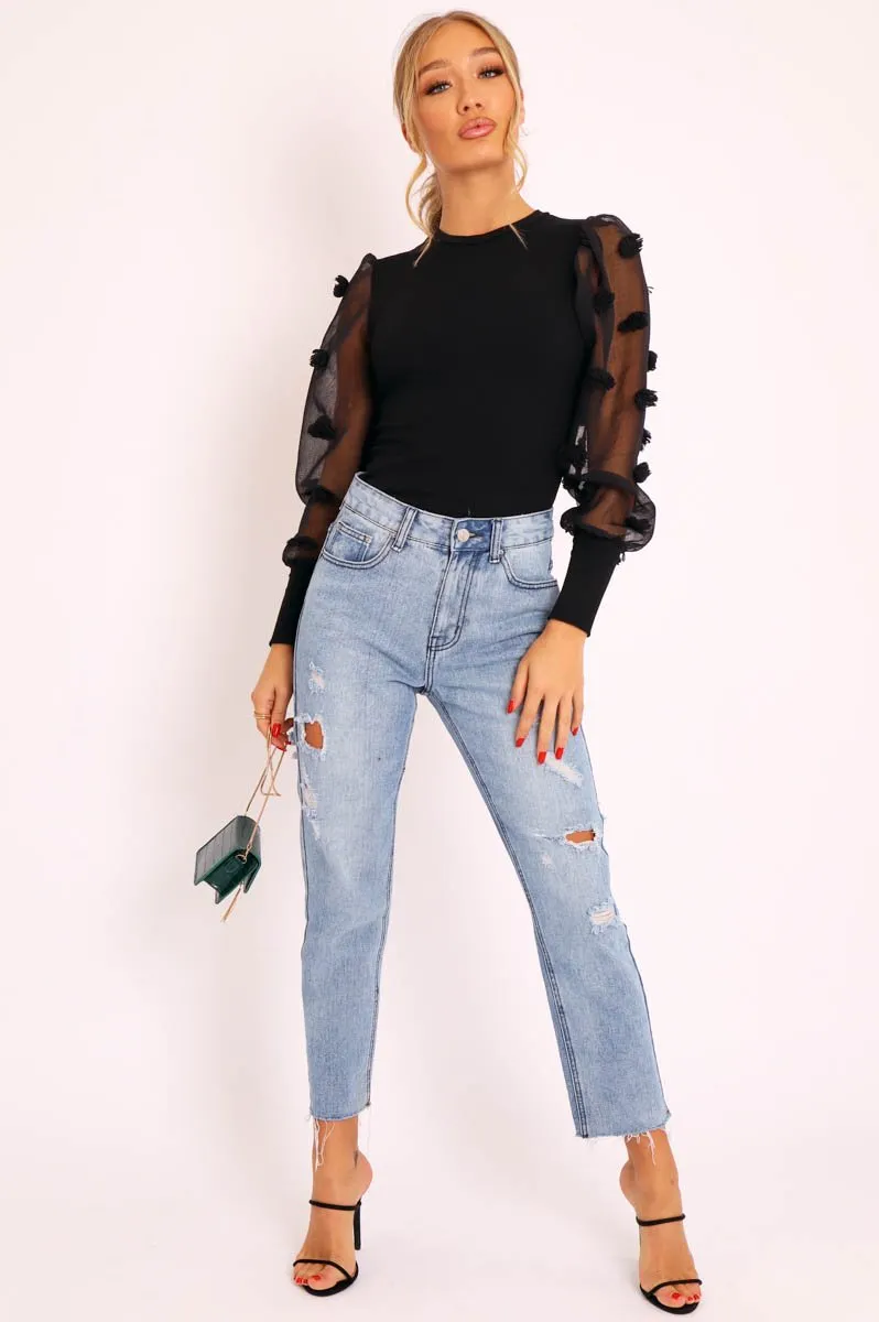 Black Puff Sleeve Fur Pom Pom Top - Lashay