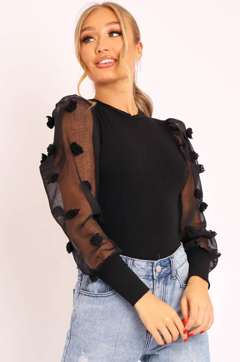 Black Puff Sleeve Fur Pom Pom Top - Lashay