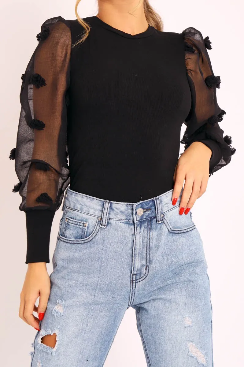 Black Puff Sleeve Fur Pom Pom Top - Lashay