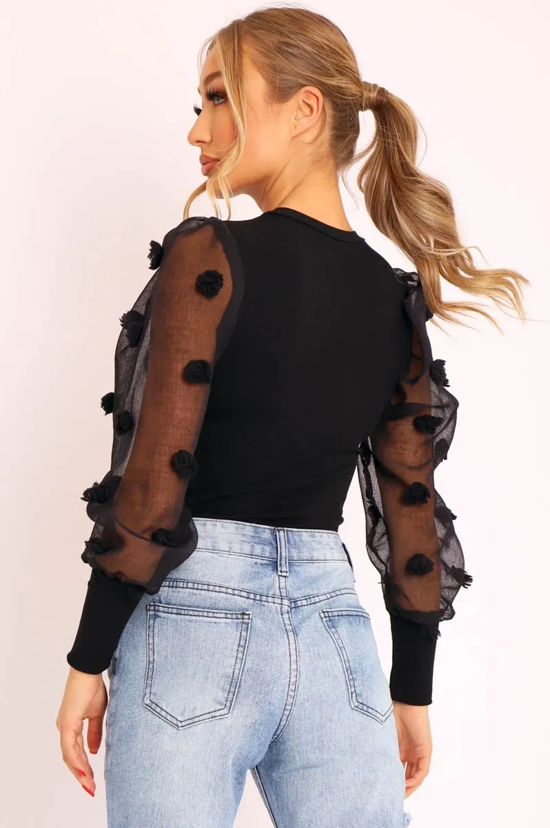 Black Puff Sleeve Fur Pom Pom Top - Lashay