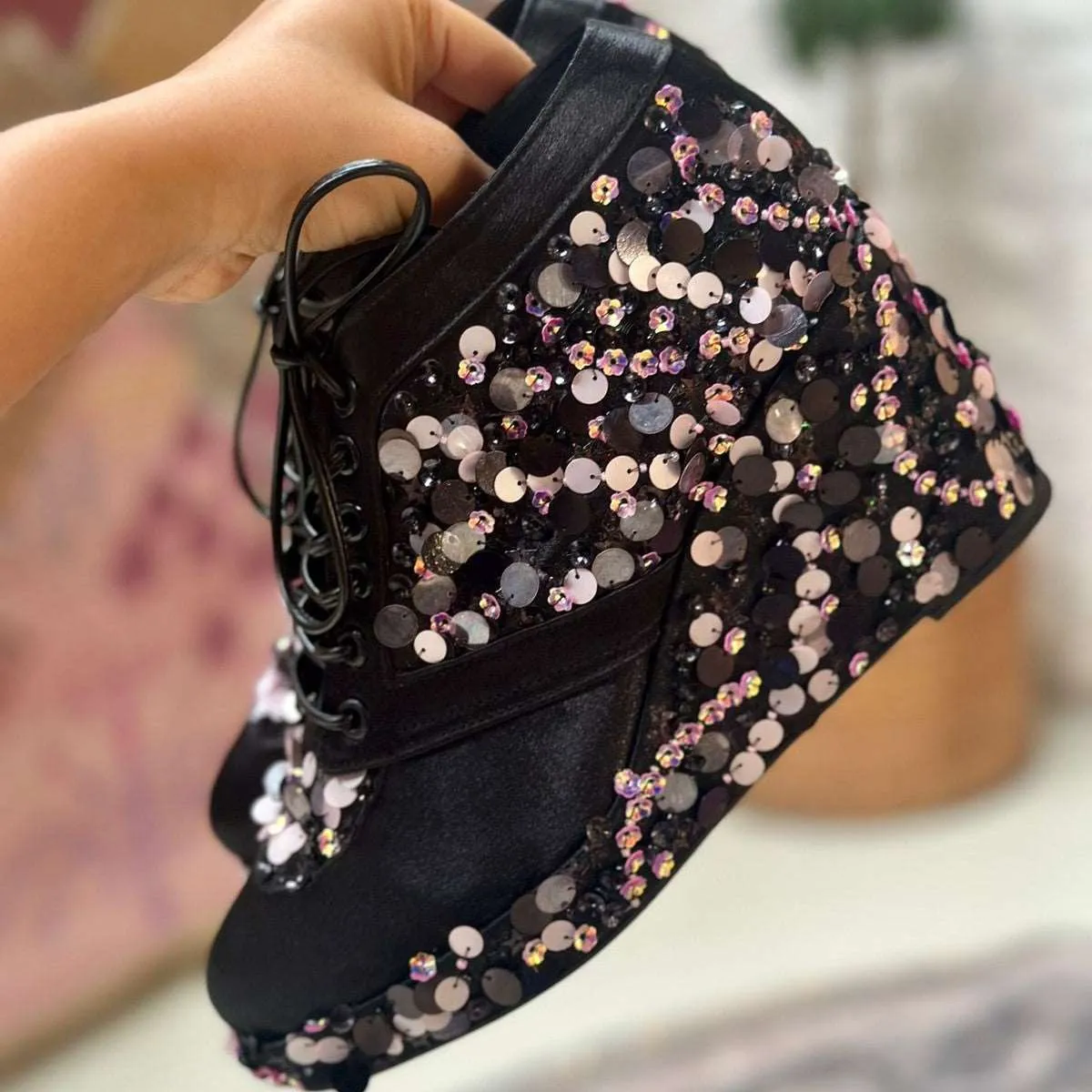 Black Sequin Sneaker wedges - Customized Wedding Shoes | Tiesta