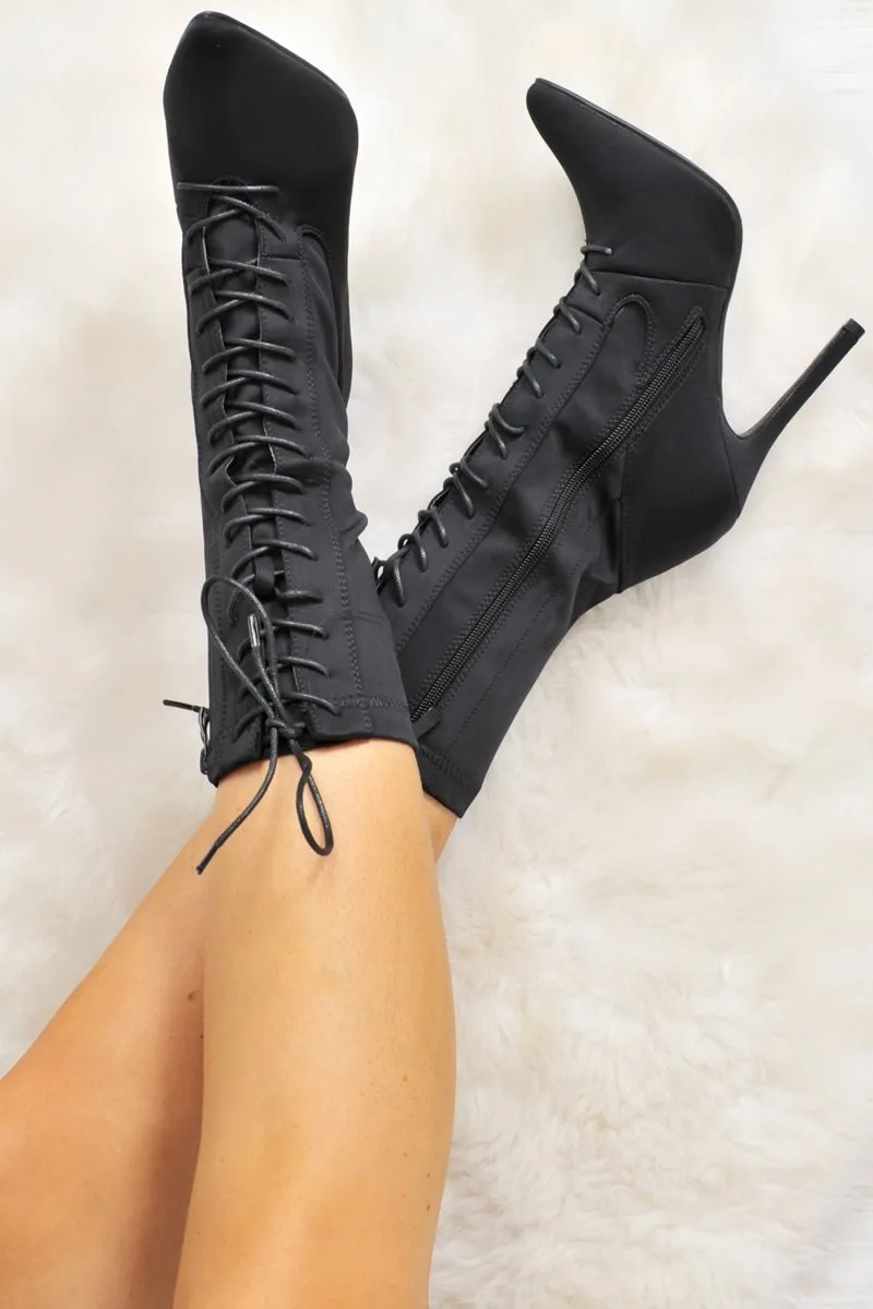 Black Stretchy Lace Up Heeled Ankle Boots - Aayla