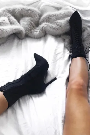 Black Stretchy Lace Up Heeled Ankle Boots - Aayla