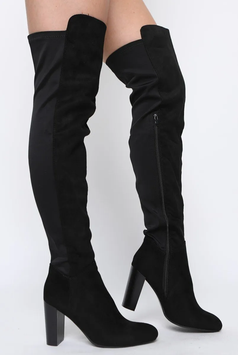 Black Suede Elasticated Panel Heeled Over The Knee Boots - Katerina