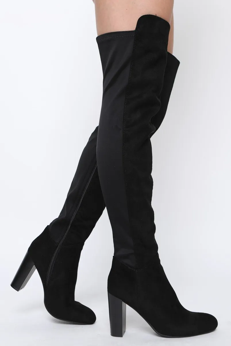 Black Suede Elasticated Panel Heeled Over The Knee Boots - Katerina