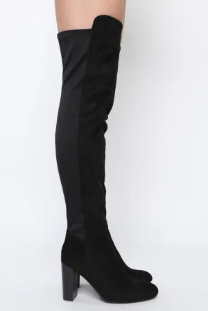 Black Suede Elasticated Panel Heeled Over The Knee Boots - Katerina