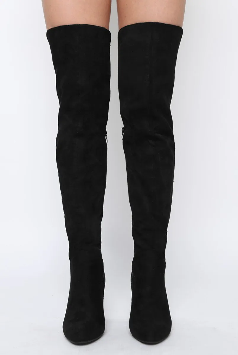 Black Suede Elasticated Panel Heeled Over The Knee Boots - Katerina