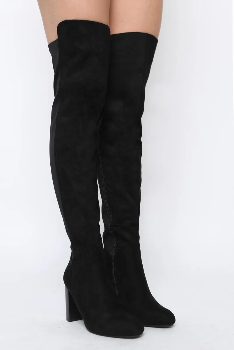 Black Suede Elasticated Panel Heeled Over The Knee Boots - Katerina