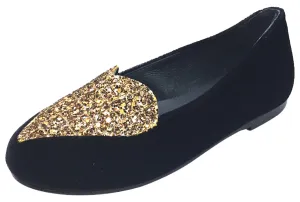 BluBlonc Black Velvet Ballet Flat with Gold Sparkle Heart Embellishment