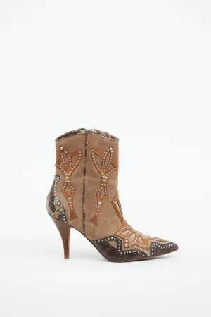 Brown Suede & Silver Stud Heeled Western Boot