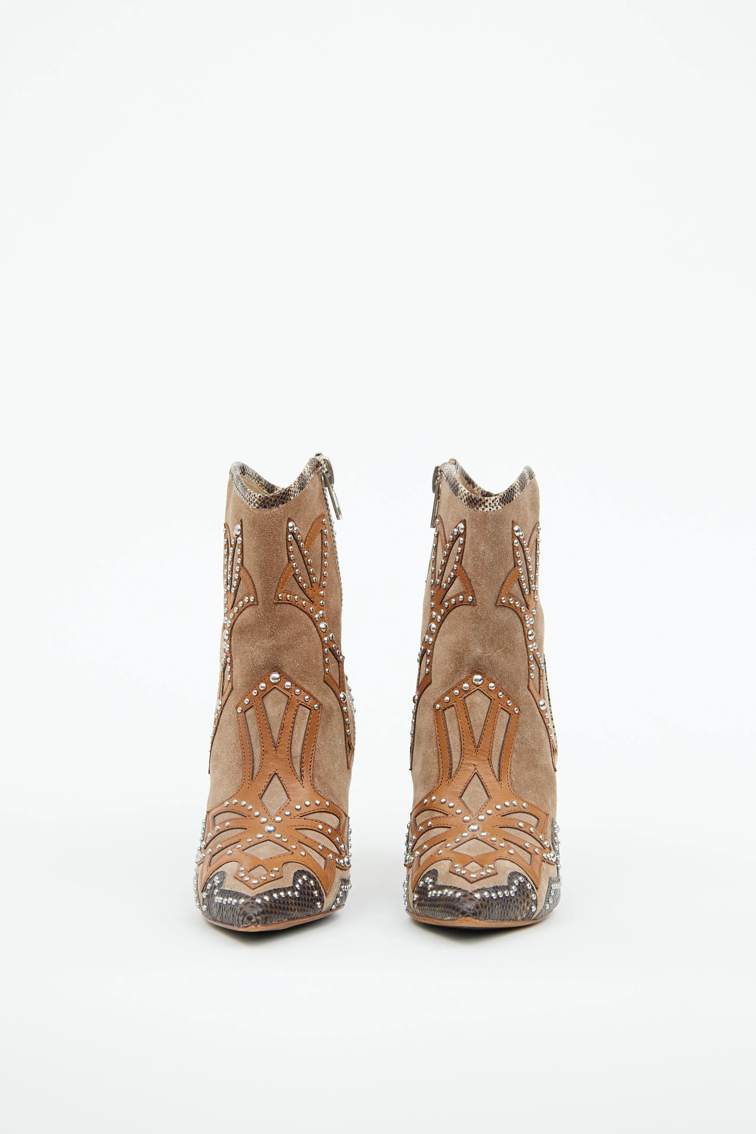 Brown Suede & Silver Stud Heeled Western Boot