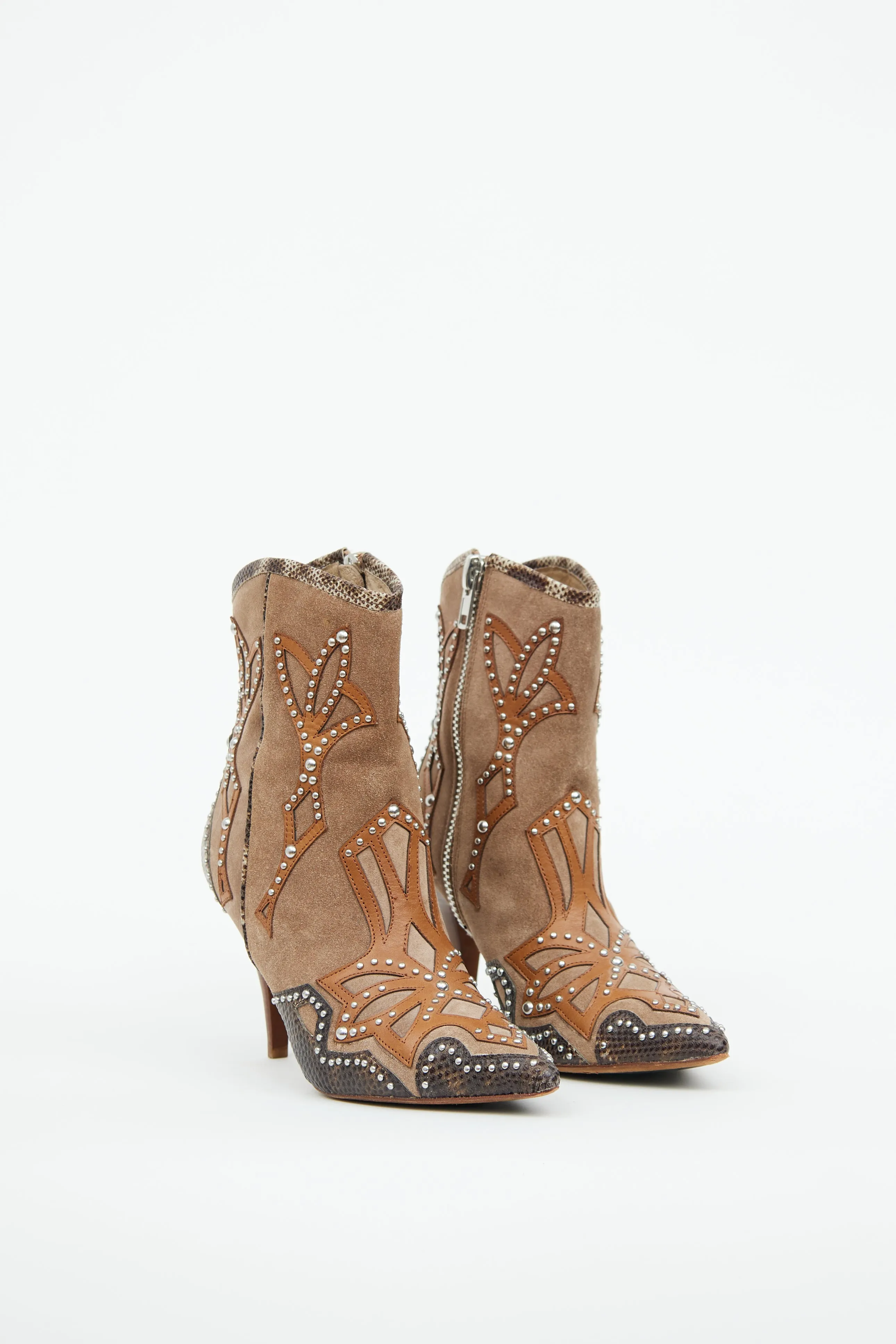 Brown Suede & Silver Stud Heeled Western Boot