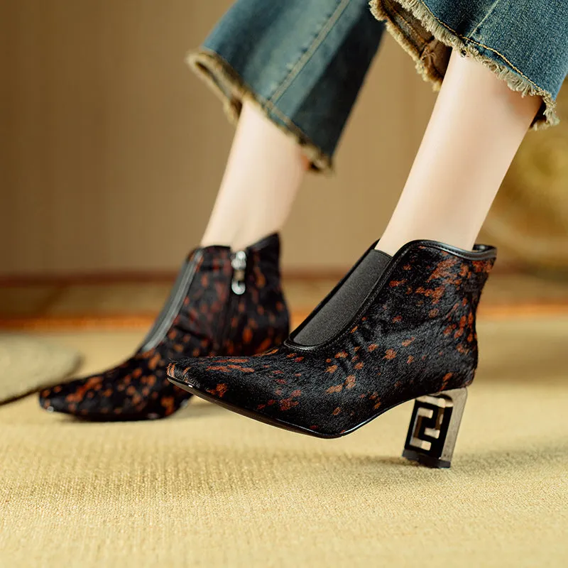 Chic Horse Hair Leather Square Toe High Heeled Boots