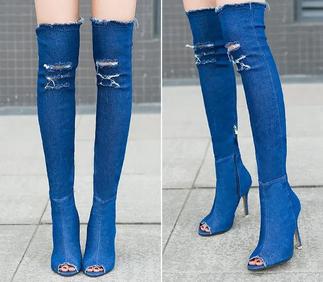 Denim Peep Toe Side Zipper Boots