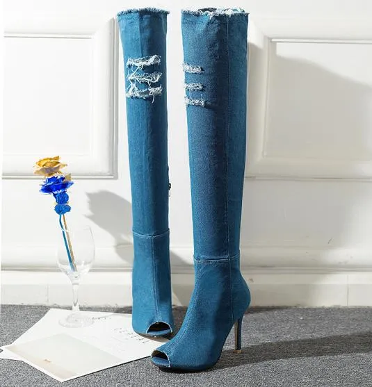 Denim Peep Toe Side Zipper Boots