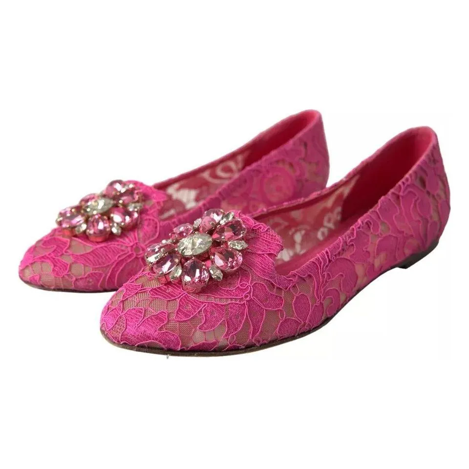 Dolce & Gabbana Pink Lace Crystal Ballet Loafers Shoes