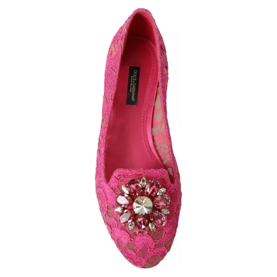 Dolce & Gabbana Pink Lace Crystal Ballet Loafers Shoes